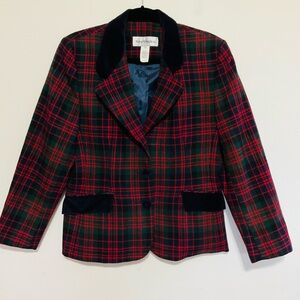 Vintage wool tartan plaid blazer red green blue velvet accents